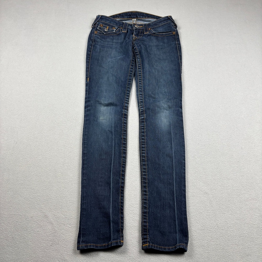 True Religion Womens Skinny Jeans Size 25 Dark Wash Orange Stitch Low Rise